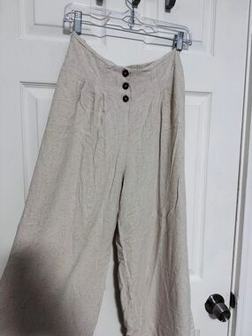 Wide Leg Cropped Linen-Blend Pants with Button Front - Neutral Beige